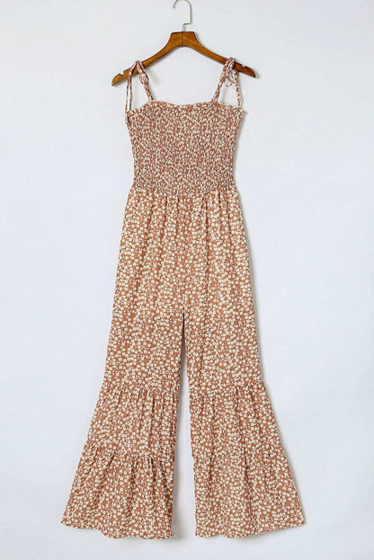 Khaki Floral Thin Straps Smocked Bodice Wide Leg Jumpsuit - Vesteeto