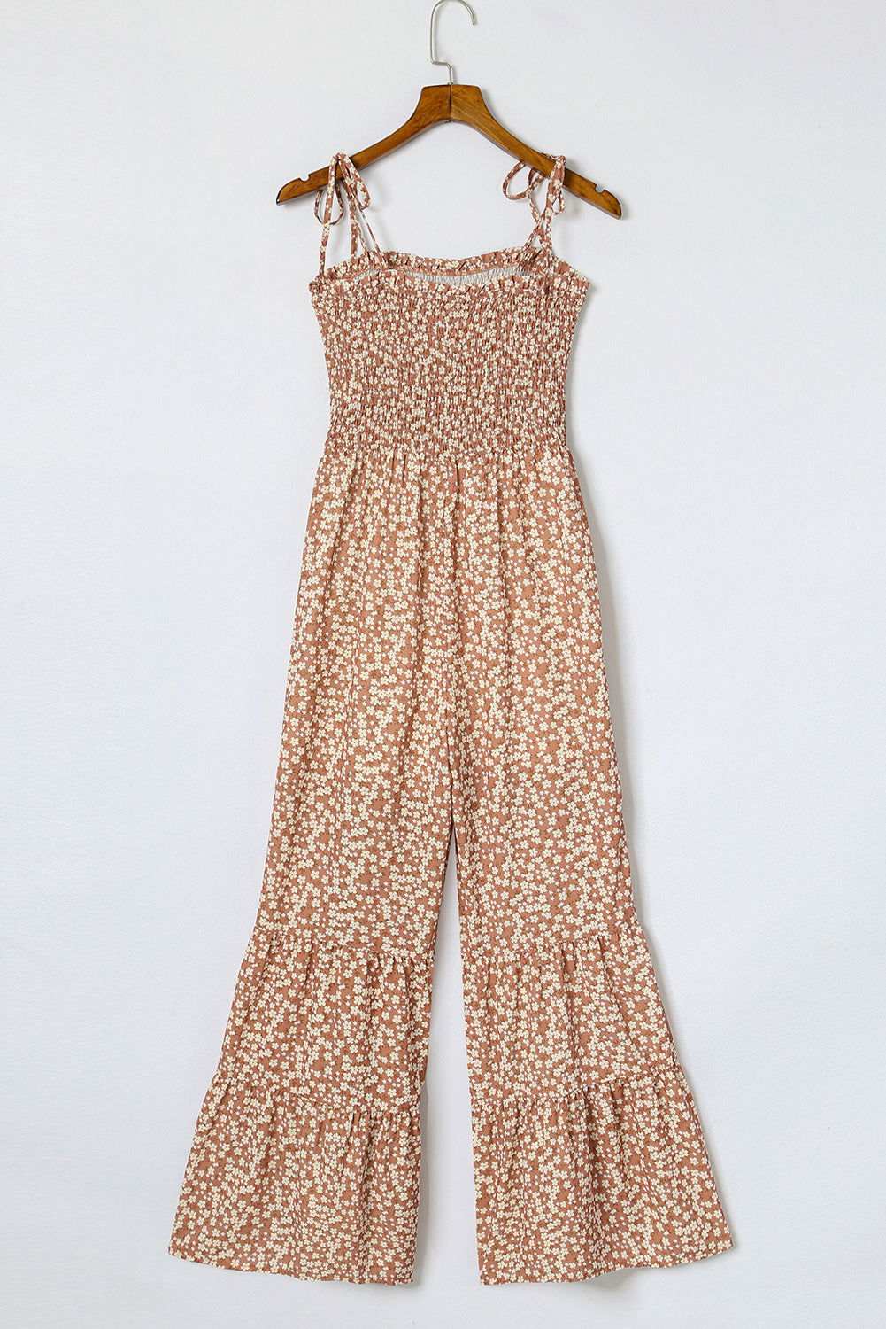 Khaki Floral Thin Straps Smocked Bodice Wide Leg Jumpsuit - Vesteeto