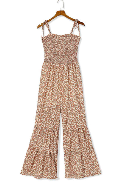 Khaki Floral Thin Straps Smocked Bodice Wide Leg Jumpsuit - Vesteeto