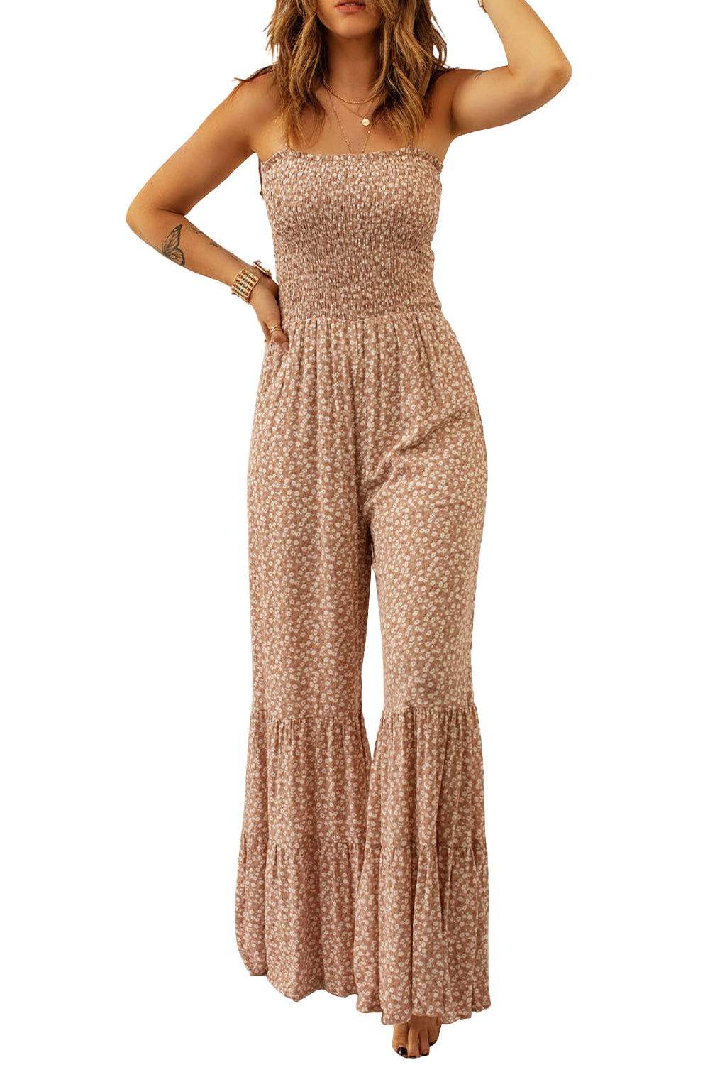 Khaki Floral Thin Straps Smocked Bodice Wide Leg Jumpsuit - Vesteeto