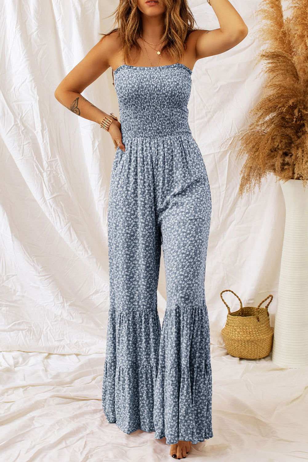 Khaki Floral Thin Straps Smocked Bodice Wide Leg Jumpsuit - Vesteeto