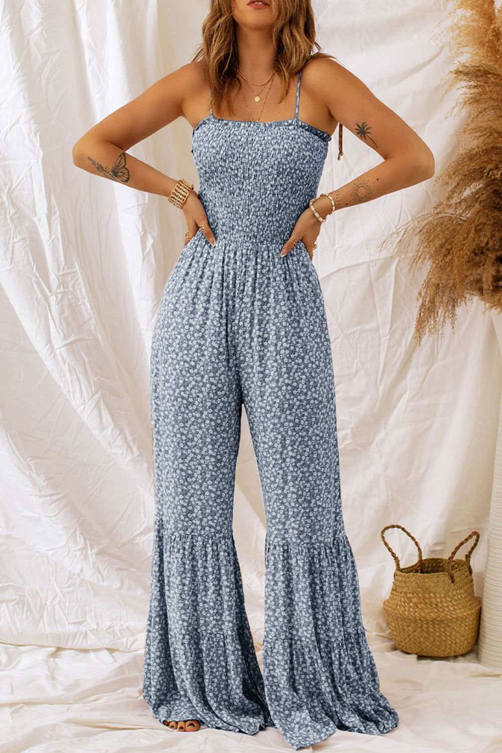 Khaki Floral Thin Straps Smocked Bodice Wide Leg Jumpsuit - Vesteeto