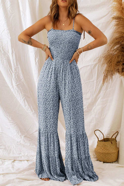 Khaki Floral Thin Straps Smocked Bodice Wide Leg Jumpsuit - Vesteeto