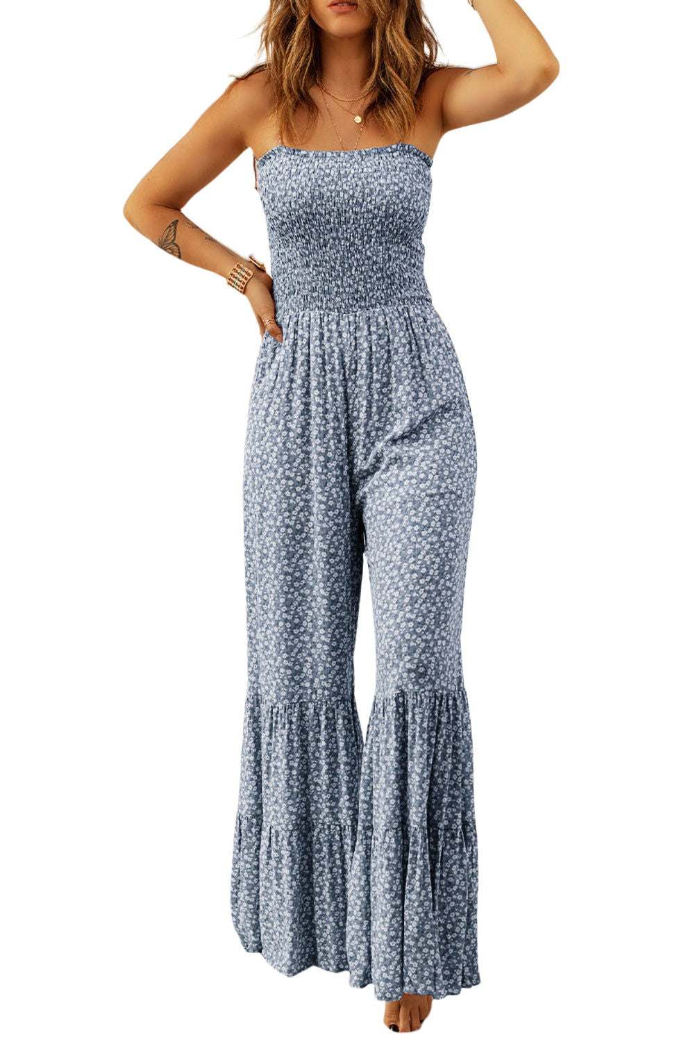 Khaki Floral Thin Straps Smocked Bodice Wide Leg Jumpsuit - Vesteeto