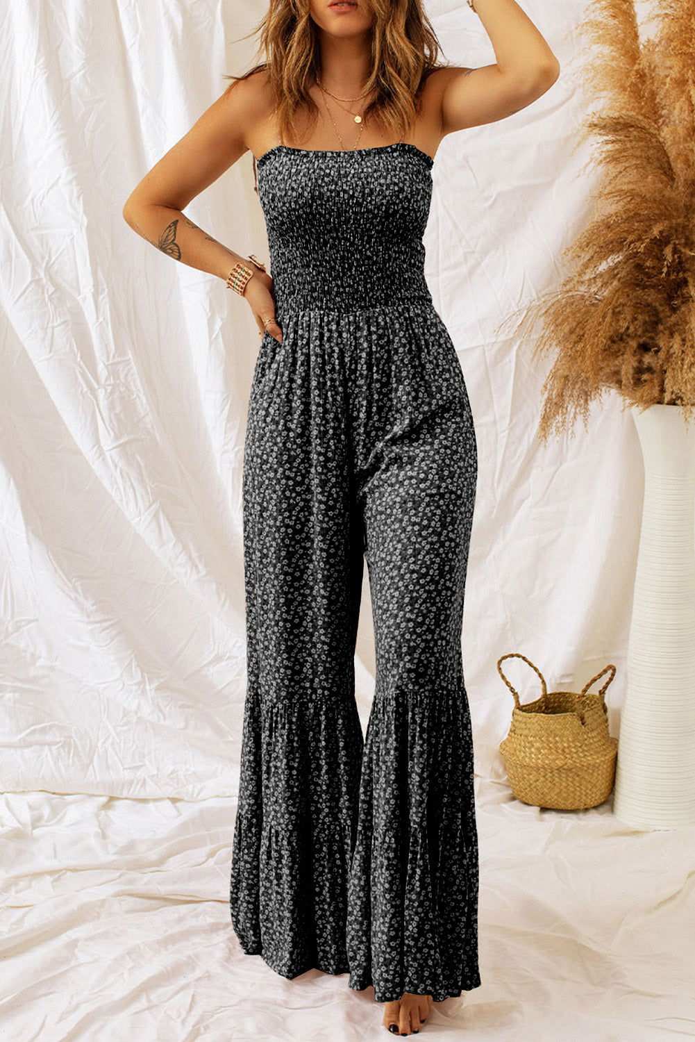 Khaki Floral Thin Straps Smocked Bodice Wide Leg Jumpsuit - Vesteeto