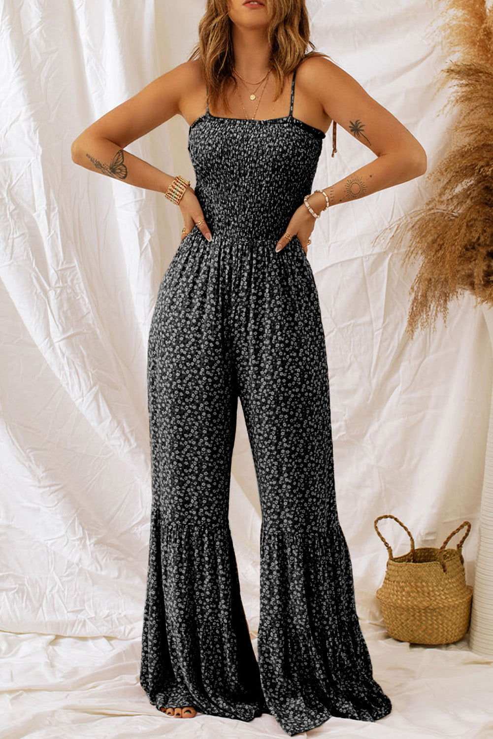 Khaki Floral Thin Straps Smocked Bodice Wide Leg Jumpsuit - Vesteeto