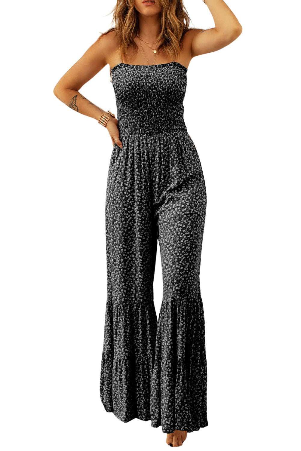 Khaki Floral Thin Straps Smocked Bodice Wide Leg Jumpsuit - Vesteeto