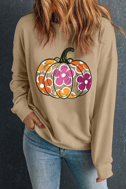 Khaki Halloween Floral Pumpkin Graphic Drop Shoulder Sweatshirt - Vesteeto