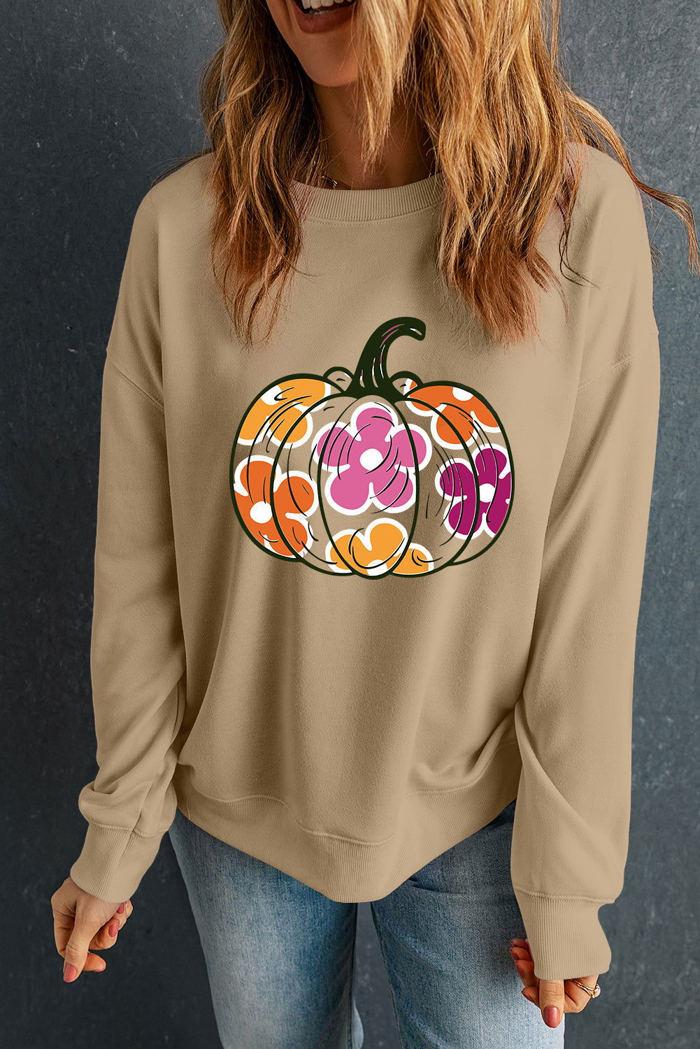 Khaki Halloween Floral Pumpkin Graphic Drop Shoulder Sweatshirt - Vesteeto