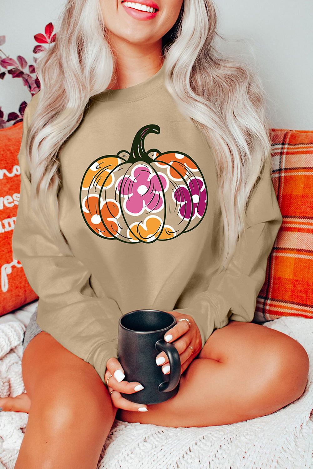 Khaki Halloween Floral Pumpkin Graphic Drop Shoulder Sweatshirt - Vesteeto