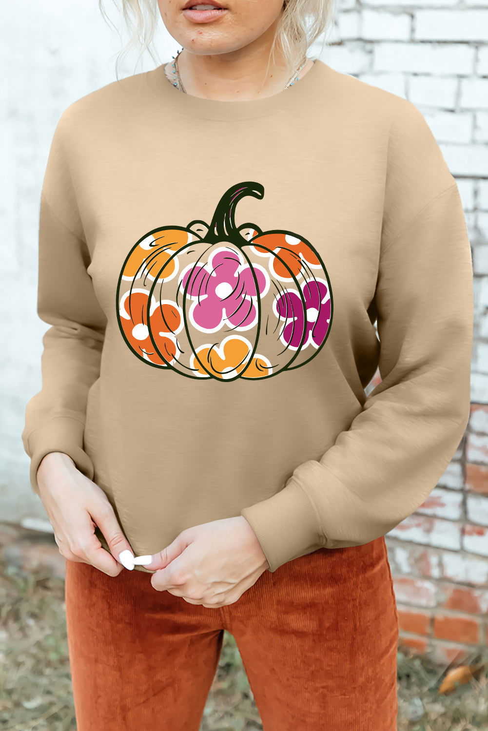 Khaki Halloween Floral Pumpkin Graphic Drop Shoulder Sweatshirt - Vesteeto