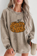 Khaki Halloween Leopard Pumpkin Graphic Corded Sweatshirt - Vesteeto