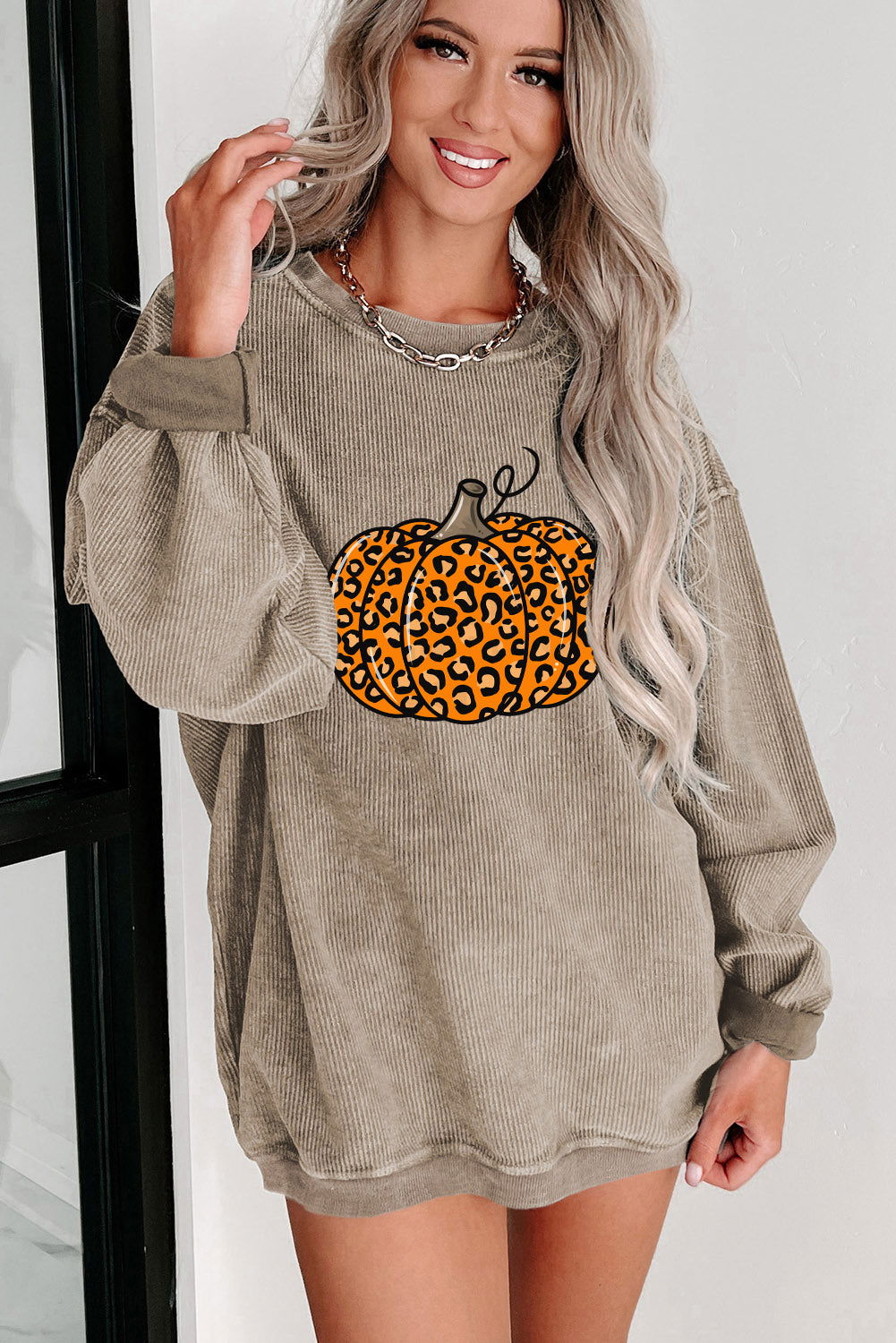 Khaki Halloween Leopard Pumpkin Graphic Corded Sweatshirt - Vesteeto