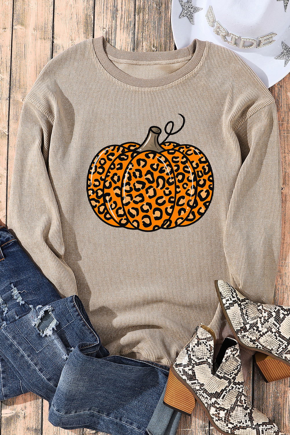 Khaki Halloween Leopard Pumpkin Graphic Corded Sweatshirt - Vesteeto