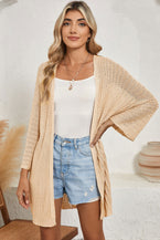 Khaki Hollow-out Bracelet Sleeve Knit Cardigan - Vesteeto