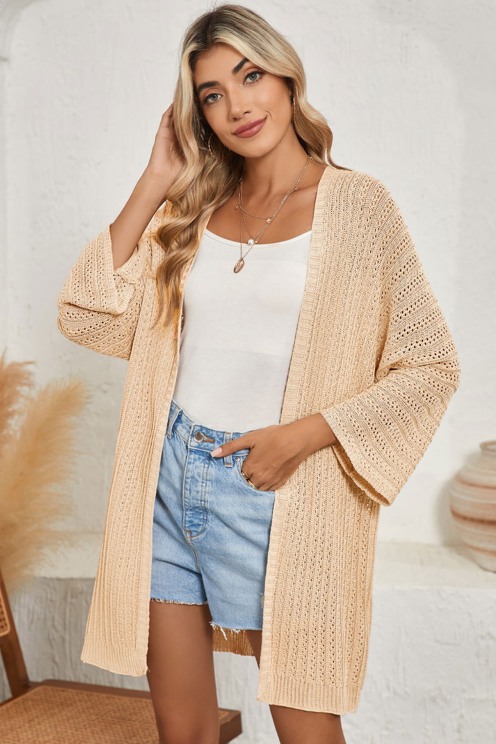 Khaki Hollow-out Bracelet Sleeve Knit Cardigan - Vesteeto