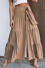 Khaki Lace Up Smocked Waist Tiered Wide Leg Pants - Vesteeto