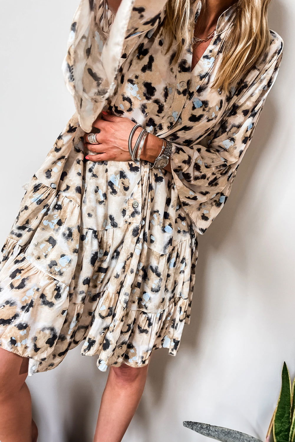 Khaki Leopard Button V Neck Pocket Flowy Mini Dress - Vesteeto