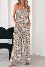 Khaki Leopard Print Spaghetti Strap U Neck Wide Leg Jumpsuit - Vesteeto