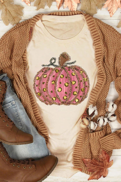 Khaki Leopard Pumpkin Graphic Round Neck T Shirt - Vesteeto