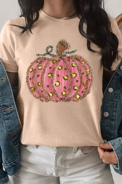 Khaki Leopard Pumpkin Graphic Round Neck T Shirt - Vesteeto