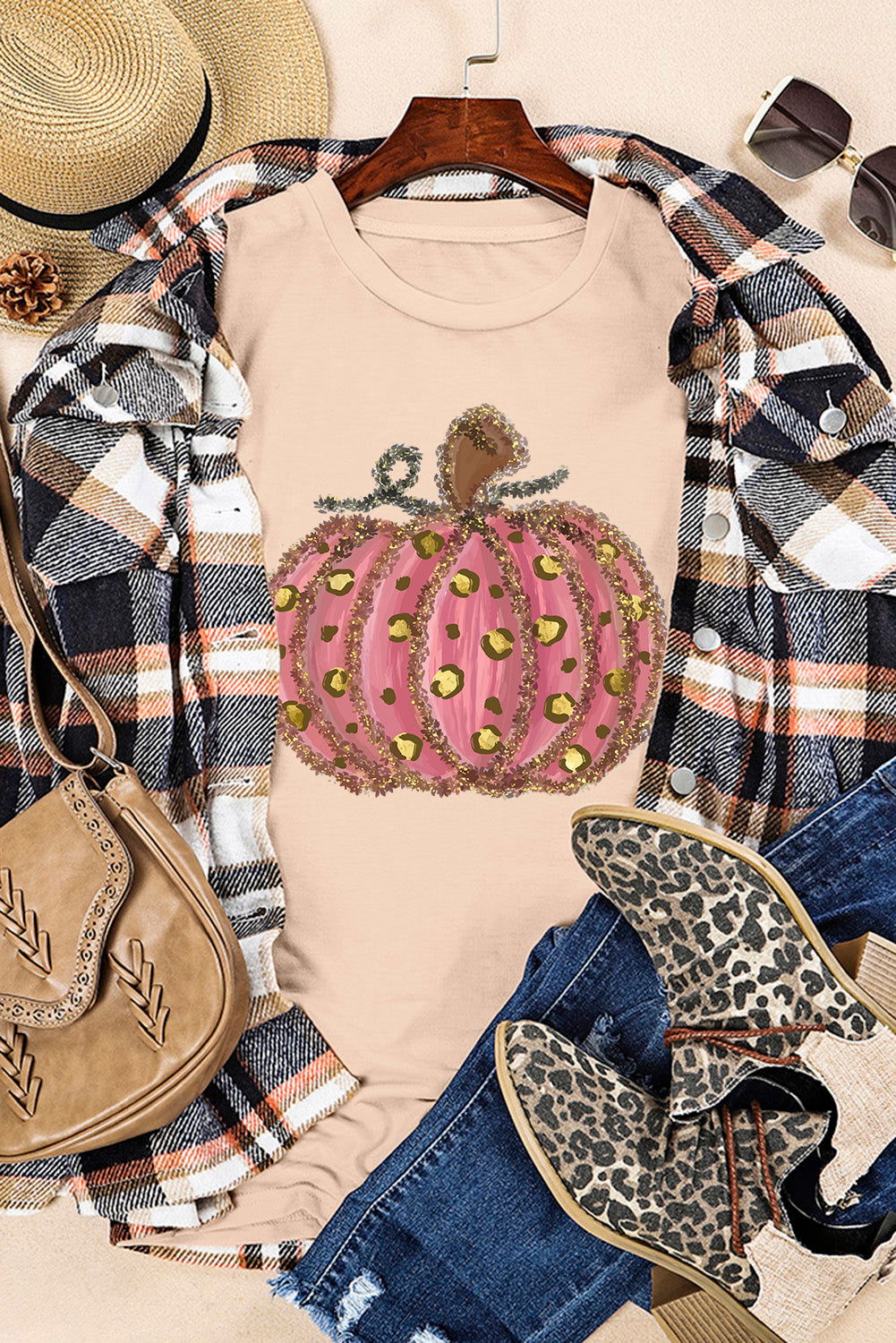 Khaki Leopard Pumpkin Graphic Round Neck T Shirt - Vesteeto