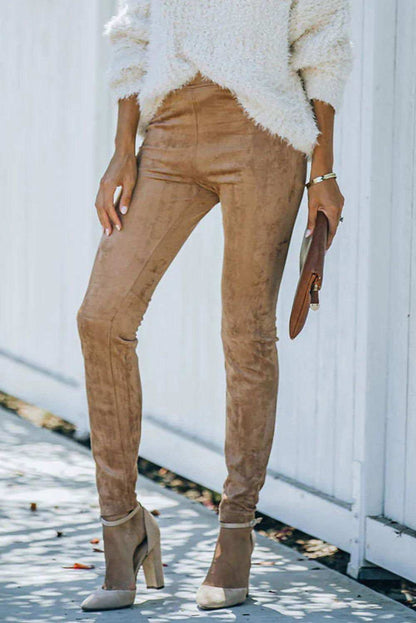 Khaki Mid Rise Faux Suede Skinny Leggings - Vesteeto