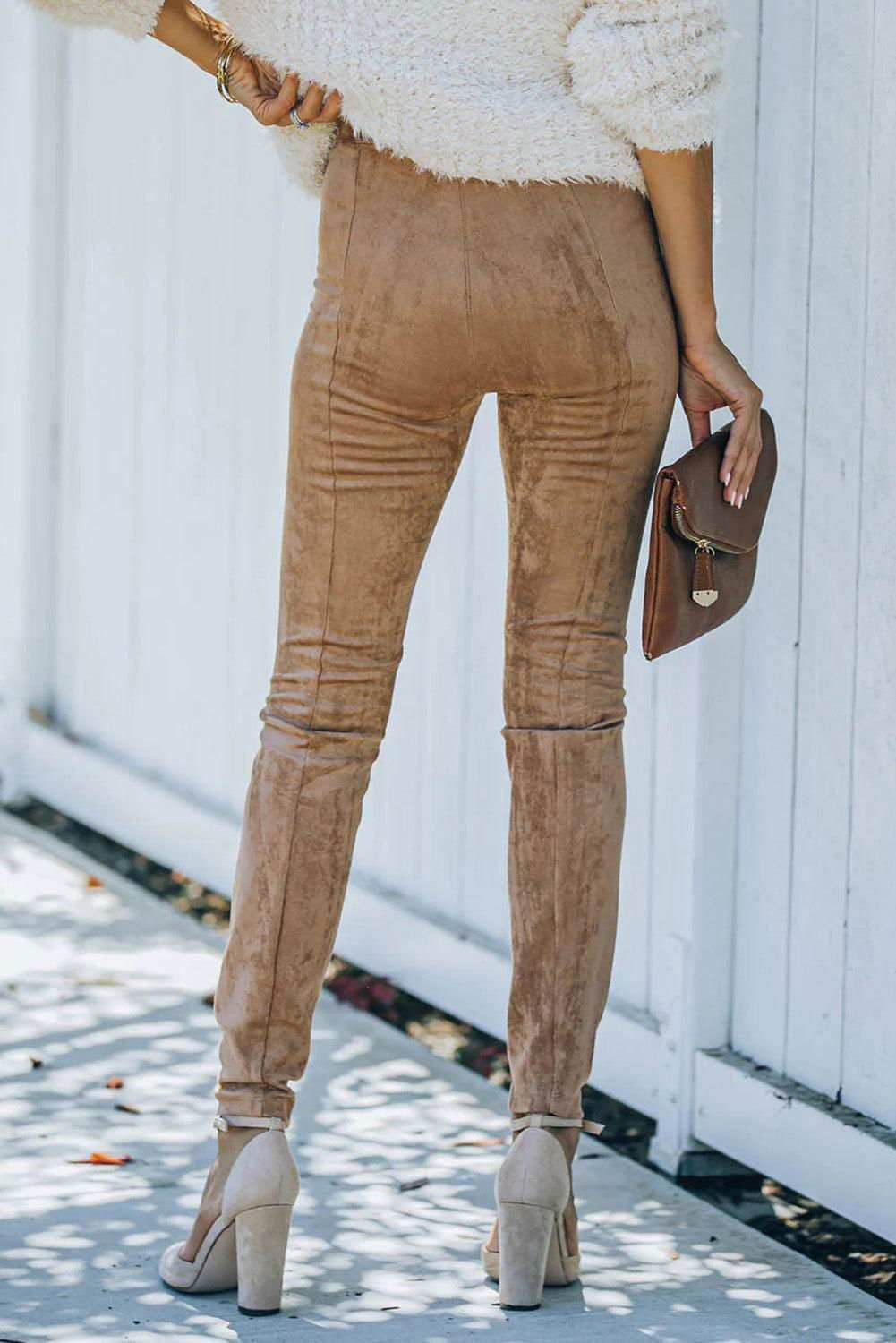 Khaki Mid Rise Faux Suede Skinny Leggings - Vesteeto