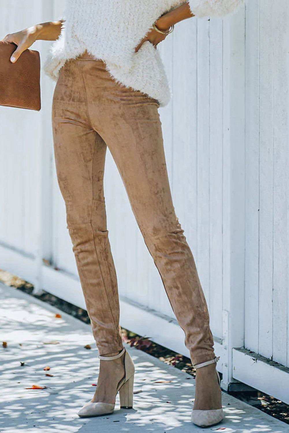 Khaki Mid Rise Faux Suede Skinny Leggings - Vesteeto