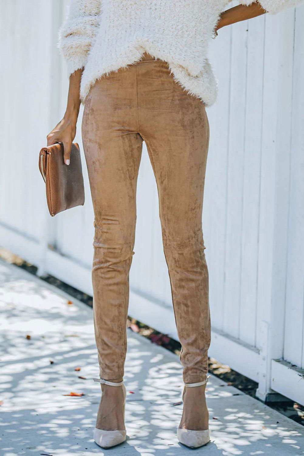 Khaki Mid Rise Faux Suede Skinny Leggings - Vesteeto