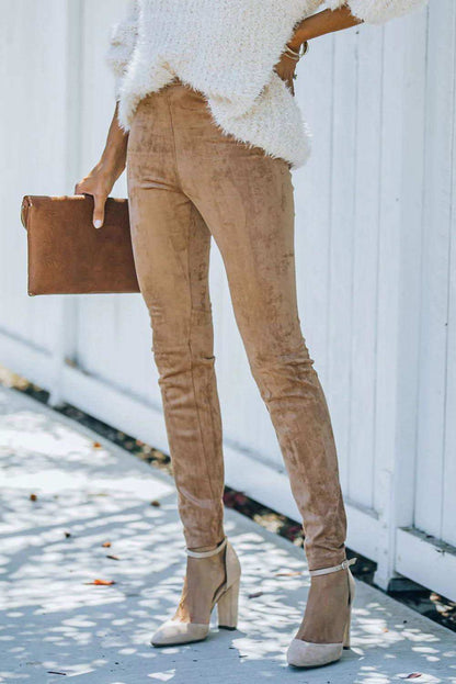 Khaki Mid Rise Faux Suede Skinny Leggings - Vesteeto