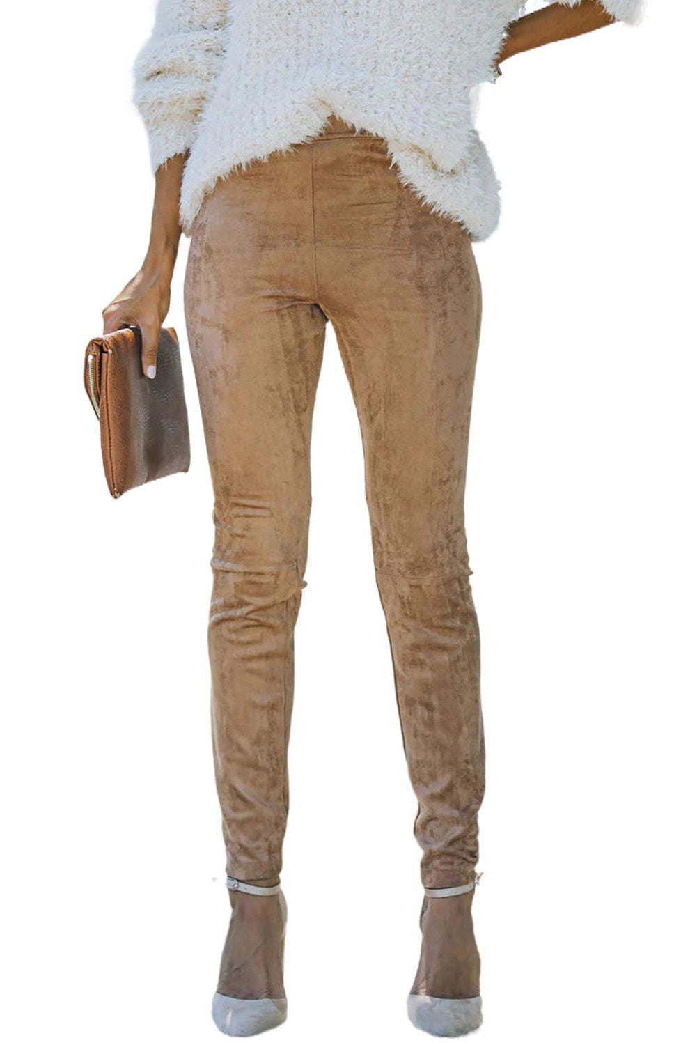 Khaki Mid Rise Faux Suede Skinny Leggings - Vesteeto