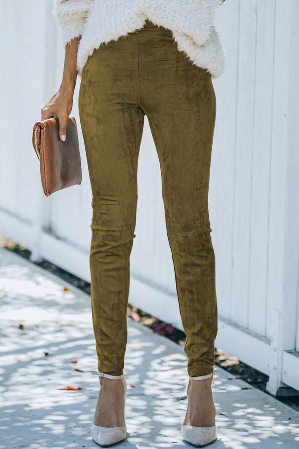 Khaki Mid Rise Faux Suede Skinny Leggings - Vesteeto