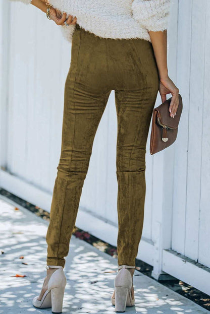 Khaki Mid Rise Faux Suede Skinny Leggings - Vesteeto