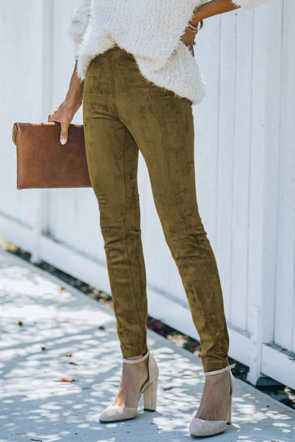 Khaki Mid Rise Faux Suede Skinny Leggings - Vesteeto