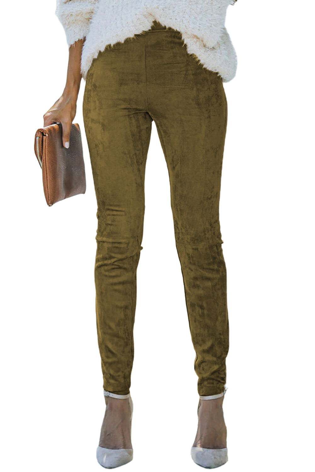 Khaki Mid Rise Faux Suede Skinny Leggings - Vesteeto