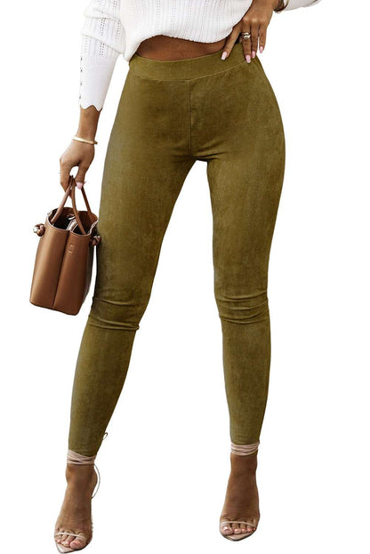 Khaki Mid Rise Faux Suede Skinny Leggings - Vesteeto