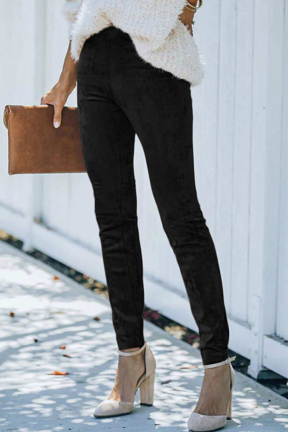 Khaki Mid Rise Faux Suede Skinny Leggings - Vesteeto