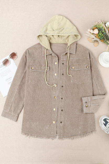 Khaki Patchwork Raw Hem Hooded Corduroy Jacket - Vesteeto