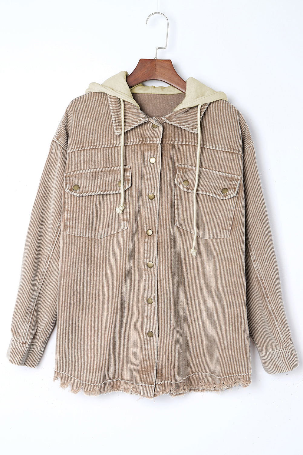 Khaki Patchwork Raw Hem Hooded Corduroy Jacket - Vesteeto