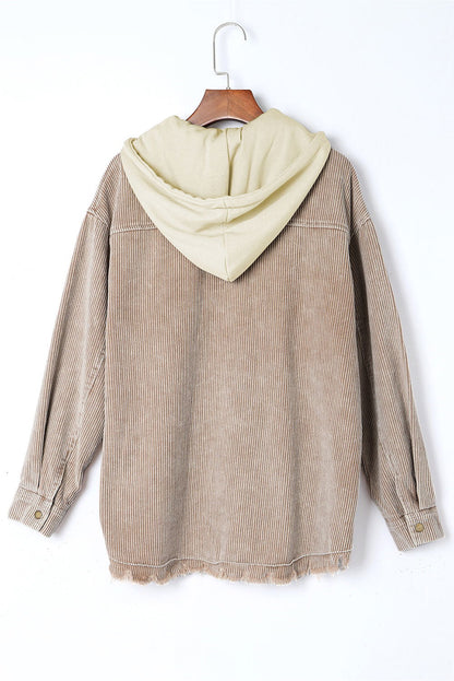 Khaki Patchwork Raw Hem Hooded Corduroy Jacket - Vesteeto