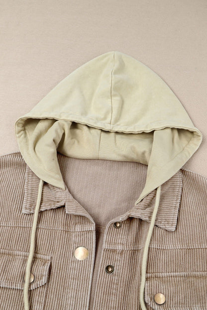 Khaki Patchwork Raw Hem Hooded Corduroy Jacket - Vesteeto