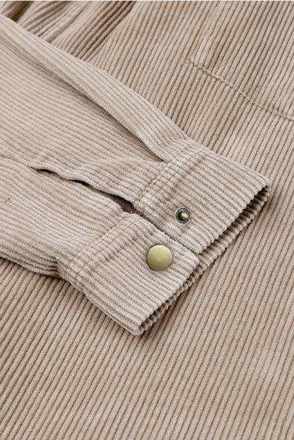 Khaki Patchwork Raw Hem Hooded Corduroy Jacket - Vesteeto