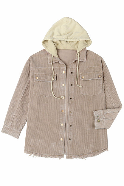 Khaki Patchwork Raw Hem Hooded Corduroy Jacket - Vesteeto