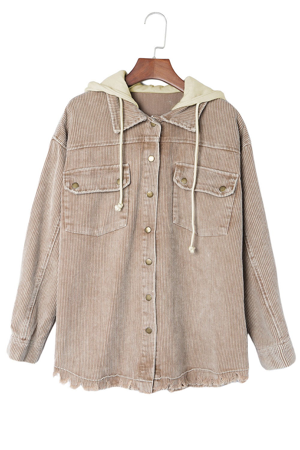 Khaki Patchwork Raw Hem Hooded Corduroy Jacket - Vesteeto