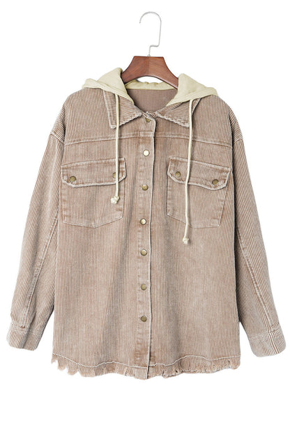 Khaki Patchwork Raw Hem Hooded Corduroy Jacket - Vesteeto