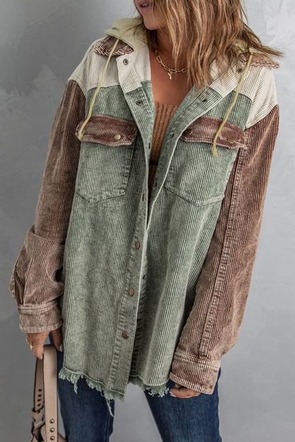 Khaki Patchwork Raw Hem Hooded Corduroy Jacket - Vesteeto