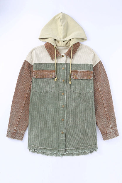 Khaki Patchwork Raw Hem Hooded Corduroy Jacket - Vesteeto