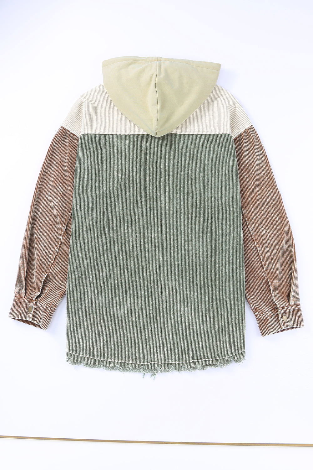 Khaki Patchwork Raw Hem Hooded Corduroy Jacket - Vesteeto