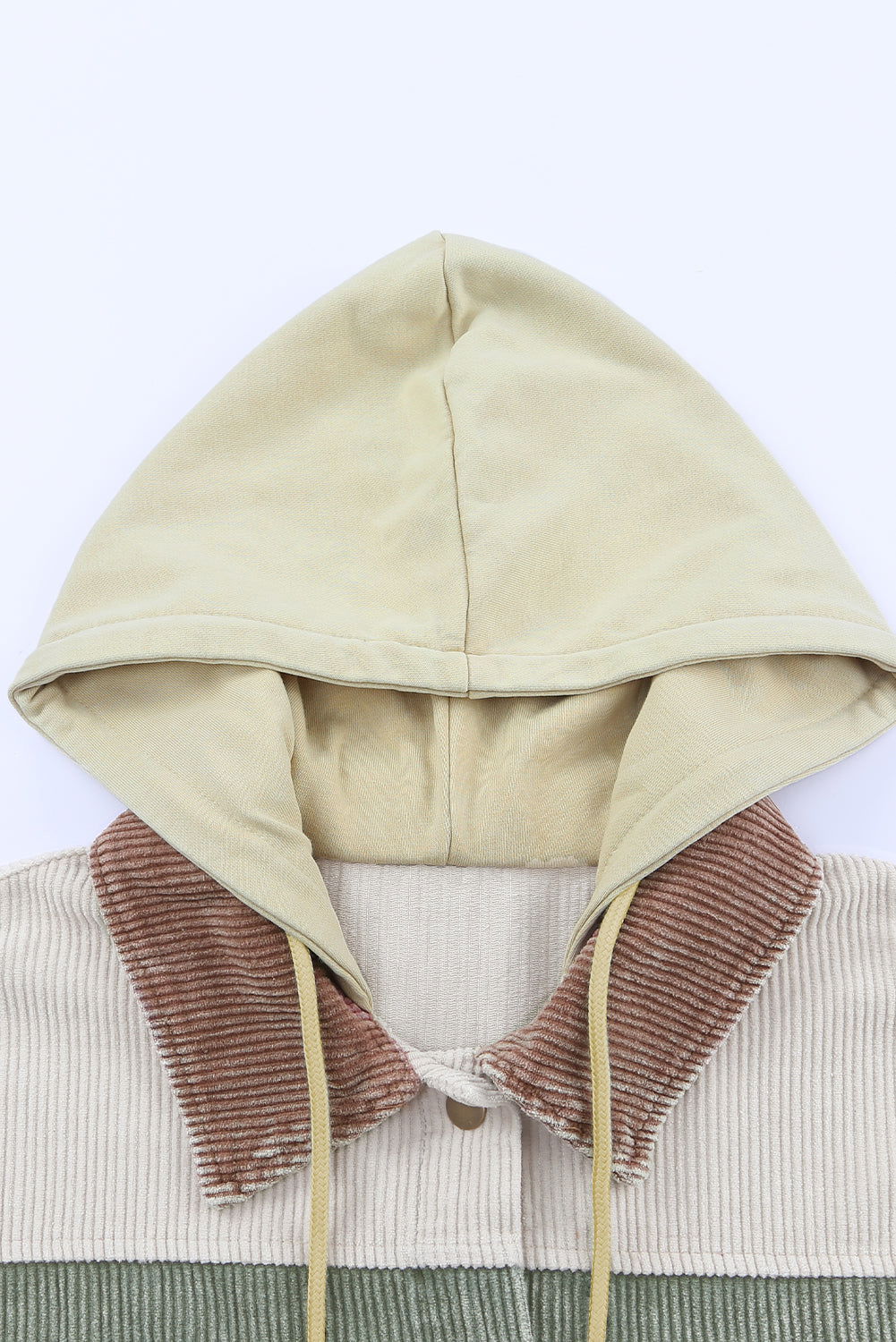 Khaki Patchwork Raw Hem Hooded Corduroy Jacket - Vesteeto